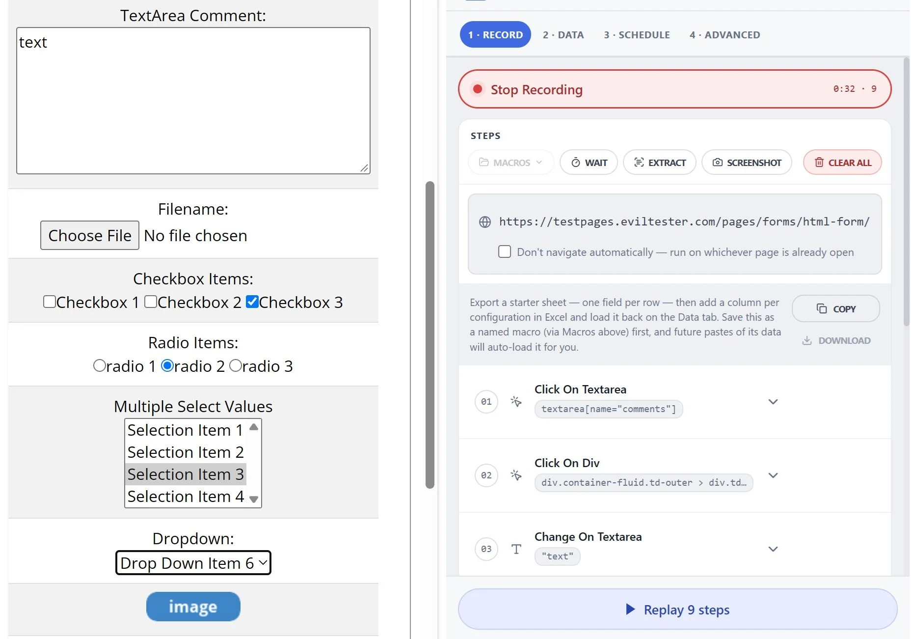 EasyAgent recording a browser workflow, capturing each field and click as a step