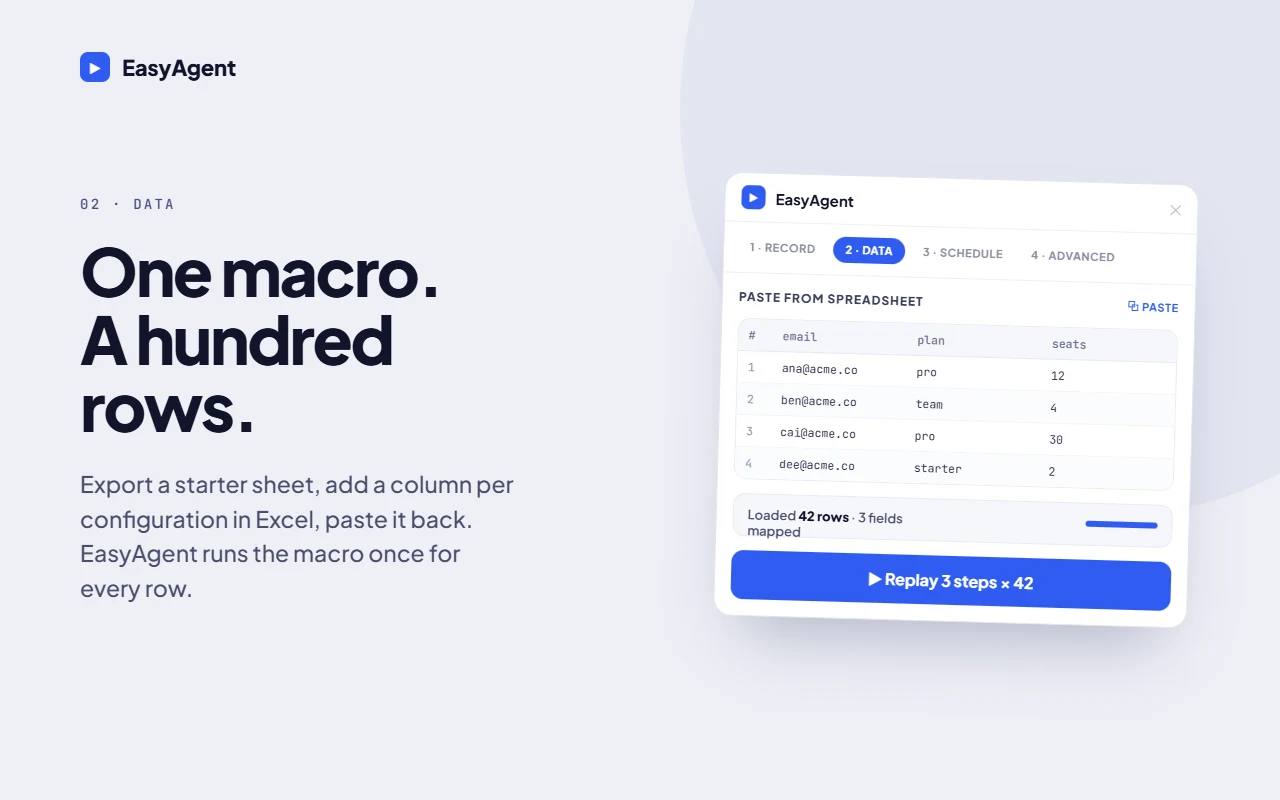 Easy Agent: paste a spreadsheet and run the macro once per row