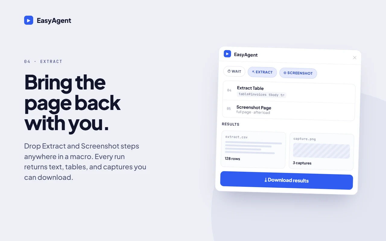 Easy Agent: extract tables and screenshots from a page