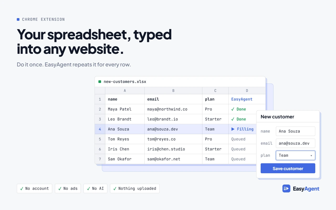 EasyAgent filling a web form from a spreadsheet, one row at a time