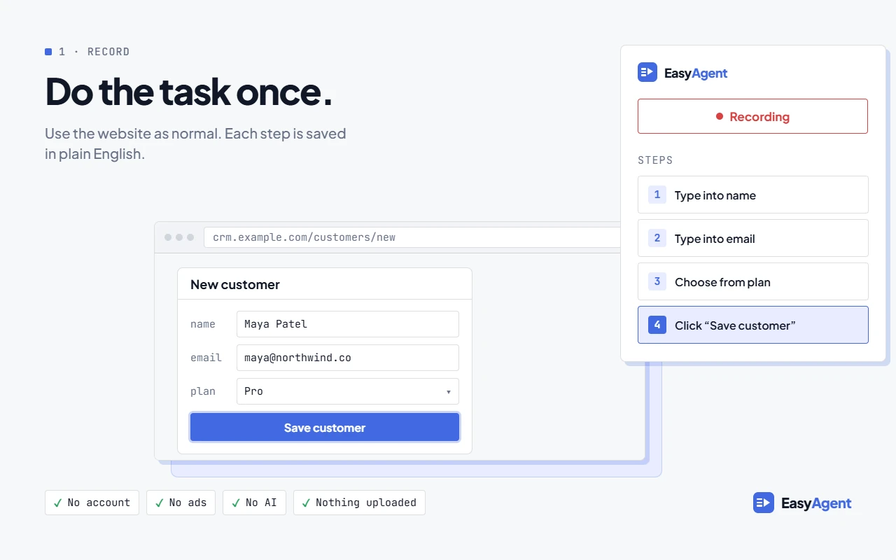 EasyAgent recording a form being filled in, with each step listed in plain English